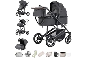 Zkiprm 3-in-1 Pushchair Travel System, Pushchair and Car Seat Combination, Pram with Height-Adjustable Handle, with Frost and Sun-Proof Gloves, Travel Pram with Aluminium Frame for Newborns 0-4 Years