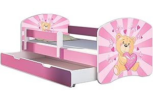 Kinderbett Jugendbett mit einer Schublade und Matratze Rausfallschutz Rosa 70 x 140 80 x 160 80 x 180 ACMA II (10 Teddybär, 80 x 180 cm mit Bettkasten)