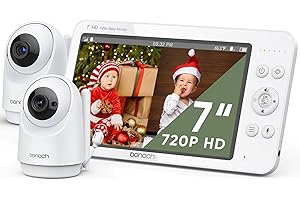 bonoch 7” Babyphone 2 Caméras, 720P Écran Partagé Babyphone Vidéo sans WiFi, Moniteur Bébé Batterie de 6000mAh, Mode VOX, Vision Nocturne Automatique, PTZ à Distance, Camera Bebe avec 8 Berceuses