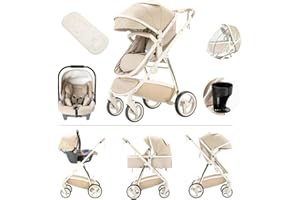 Kakbgee PU Cuero Cochecito 3 en 1, Cochecitos Citadines con asiento de coche, cochecito portátil plegable con un clic, cochecitos combinados de paisaje alto marco de aluminio