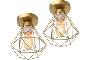 iDEGU Lot de 2 Plafonnier Industriel Vintage Lustre Suspension E27 Rétro Luminaire Design Cage Diamant Fer Lampe de Plafond pour Couloir Salon Cuisine Chambre, Ø16cm (Cage B, Doré)