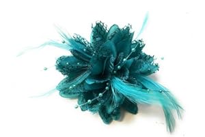CAPRILITE Flower Feather Bead Corsage Hair Clips Fascinator Hairband and Pin (Turquoise)