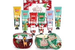 KERCAMKEL Set Regalo di Natale, 6 Mini Creme Mani,Set di Candele Profumate da 2 Pezzi, Crema Mani Idratante di per Donna, Trattamento Antiage, Regali di Natalizie per Donne
