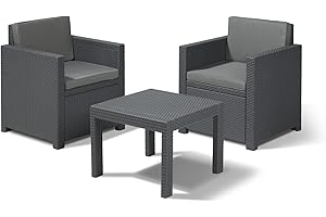 Allibert Lounge Set in Rattanoptik, Victoria Balkon, Grau, 3-teiliges Kunststoff Lounge Set, robuste Lounge Balkonmöbel