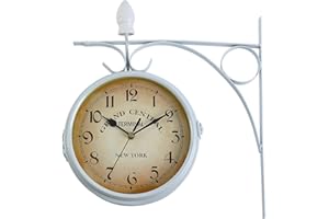 ‎SAMGER SAMGER Samger Bahnhofsuhr Doppelseitig Wanduhr Garten Uhr Bahnhof mit Halterung, Retro Vintage-Stil, 29CM, Eisen, New York, Batteriebetrieben, Weiß, Beidseitige Wanduhr für Drinnen und Draußen