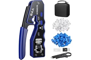 VORXEON RJ45 zestaw narzędzi do zaciskania Ethernet Cat 6, zaciskarka przelotowa RJ45 z mini striptizerką przewodów, 50 szt. kryształów przelotowych RJ45 Cat6
