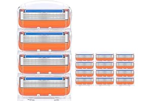 JUSTAEWILL 16Pcs 5-Layer Razor Blades Compatible with Gillette Fusion 5, Replacement Blades with Dual-Layer Lubrication Strip for Men (Orange)