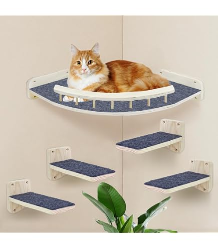 Kathson 6-teiliges Katzen-Kletterregal Aus Holz – Wandmontage, Mit Rutschfestem Filz, Katzenohren-Design