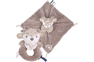 DODO D'AMOUR - Coffret Doudou Carré et Hochet - Biche - 032192 - Beige - Polaire - Naissance - Peluche - Bébé - 29 cm x 22 cm - À Partir de 0 mois
