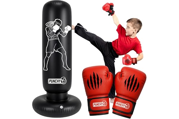 Punchy® Inflatable Punching Bag for Kids 160x55 cm | Boxing Set with Gloves and Pump | Active Toy for Boys and Girls Age 5+