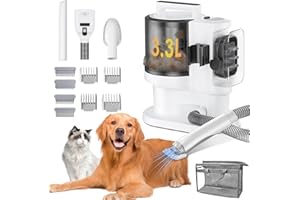 Kidken Dog Grooming Vacuum Kit, Dog Clippers, Professional Pet Grooming Vacuum with 3.3L Large Capacity, 8 Grooming Tools, Suction 99% Pet Hair for Easy Shedding Grooming, Black & White