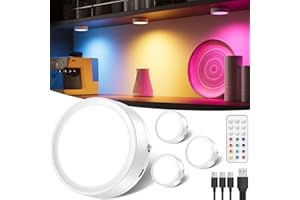 TEDMOS RGB LED Spot Akku mit Fernbedienung, 1600mAh USB Aufladbar Vitrinenbeleuchtung Kabellos Dimmbar Unterbauleuchte Küche LED Rund Magnet Schranklicht zum Kleben LED Spot Batterie mit Farbwechsel Timer