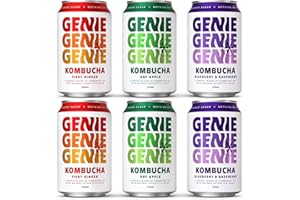 GENIE LIVING DRINKS Kombucha, Variety Pack of 3 flavours, Fermented 10 Days, Gut Friendly, Low Calorie, All Natural, 100% Vegan, No Sweeteners, No Nasties, Made in UK, Natural Energy, 6 x 330ml Cans