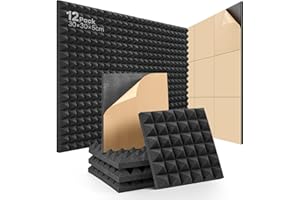 SOUNDSBAY Self-Adhesive Pyramid Acoustic Panels Sound Proofing Panels 12 Pack Acoustic Foam Panels wedges High Density Fireproof Acoustic Panels Soundproofing Foam for Recording/Studios/Offices 12"×12"×2"