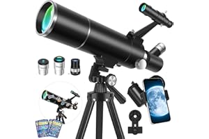 HUGERSTAR Telescopio Astronomico Professionale per Adulti e Bambini, 80/500mm Rifrattore Portatile Telescopio per Principianti con Treppiede, Adattatore Smartphone – Ideale per Osservare Luna Natura