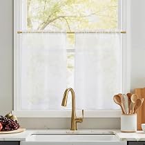 TOPICK Rideaux Cuisine Voilage Court à Rayures Court Blanc 90 x 60 cm (L x H) Semi-Transparent à Passe Tringle, Rideau Cuisine Fenetre Brise-Bise Courts Décoration Placard Salon Chambre Lot de 2