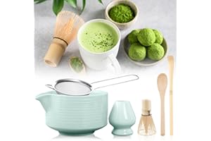 BEHOGAN 6 pièces Ensemble de thé matcha, ensemble de matcha avec fouet en bambou, bol en céramique avec verseur, fouet en bambou pour matcha, support pour fouet en céramique, cuillère à matcha, filtre à