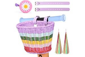 SVNR Kids Bike Basket Set Girl Bike Basket Handwoven Bike Baskets for Kids Children Cycling Baskets with Spare Leather Straps and Bell Easy Install Detachable