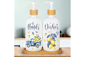 JarThenaAMCS Capri Lemon Soap Dispenser Yellow Blue Lemon Tile Dishes and Hands Glass Dispenser with Pump 16 oz Refillable Liquid Soap Container for Summer Home Kitchen Bathroom, 2Pcs