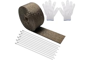 SAMAMOCA 6m Car Exhaust Pipe Wrap,Fiberglass Exhaust Tape Bandage,Exhaust Heat Wrap Roll,Exhaust Header Wrap Kit with 10 Stainless Steel Ties+ Gloves,for Motorcycle Car Exhaust Pipes,Mainfold（Gold）