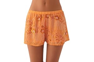 ensswliz Women Sequin Mini Shorts Y2K Low Rise Sparkle Floral Bead Embellished Bottoms Teen Girls Disco Night Out Glitter Party Shorts