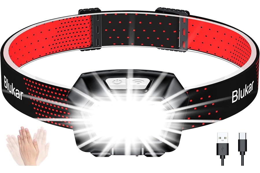 Blukar Head Torch Rechargeable, 2000L Super Bright Headlamp Waterproof Headlight with Hands Free Sensor Control&6 Lighting Modes - 30 Hrs+ Runtime,Adjustable Angle for Emergency, Running, Hiking etc.