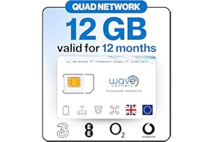 Wave Connect Quad Network Data Only SIM Card, Three, EE, O2, Vodafone, 4G LTE + 5G Prepaid, Activates On First Use, Includes UK, Ireland, EU, For Unlocked IoT Devices, Cameras (12GB | 12 Months)