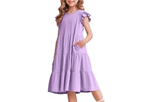 Arshiner Girls Dresses Ruffle Sleeves Summer Kids Cotton Casual Dress Round Neck Sleeveless Party Swing Festive Dress for Girls 4-14 Years