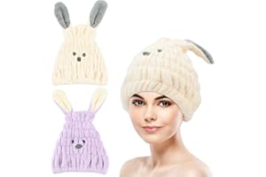 Jodsen 2 Pcs Serviettes de Séchage de Cheveux en Microfibre Super Absorbantes avec Oreilles de Chat Lapin Bonnet pour Cheveux Secs en Polaire Corail pour Femmes et Filles Bonnet Turban pour Bain Spa