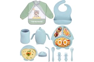 SinLaw Set Pappa Svezzamento, 11pezzi Set Pappa Bimbo, Set Pappa Silicone, Piatto Svezzamento con Ventosa, Bavaglino Impermeabile per Bambini, Posate per Bambini, Set Pappa Senza BPA (Blu)