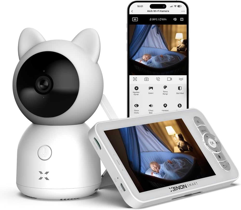Xenon Smart Bebek Kamerası (Ekranlı) | 5"" Monitör WiFi Mobil Takip 360° PTZ Gece Görüş Sıcaklık Nem X7202