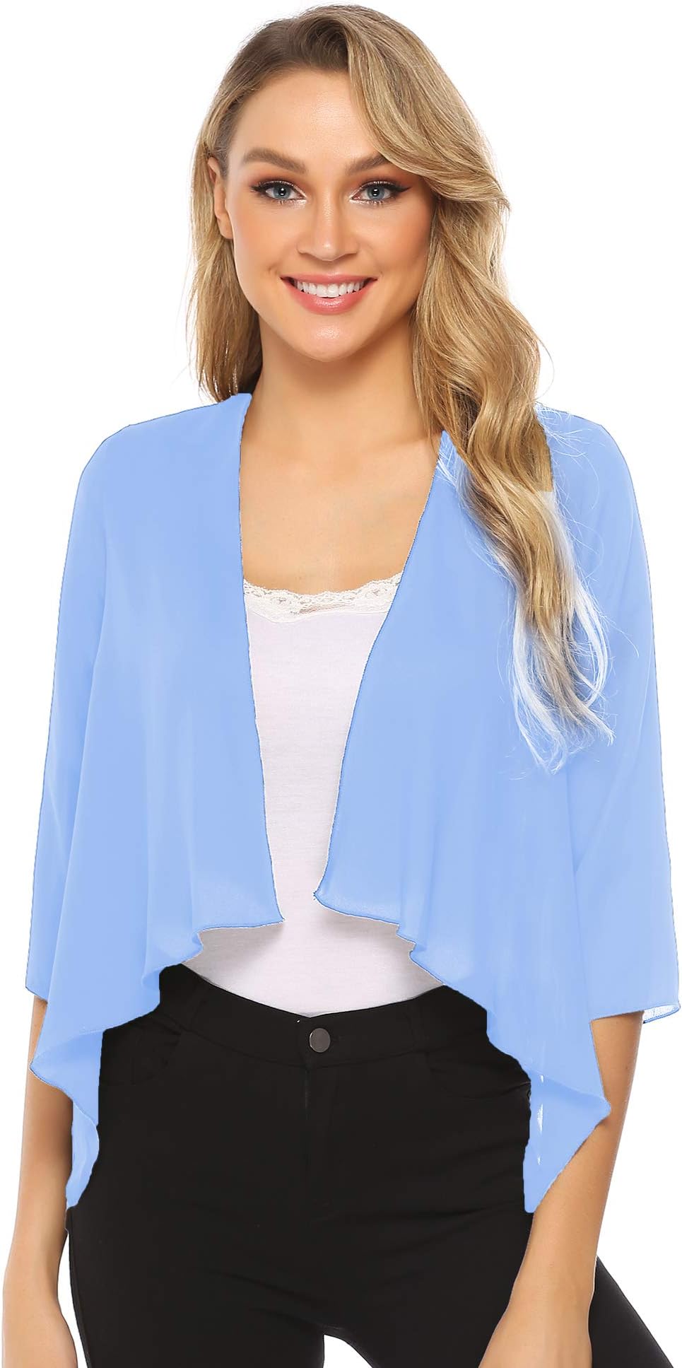 Womens Shrugs Summer Sheer Chiffon 3/4 Sleeve Open Front Bolero Cardigan