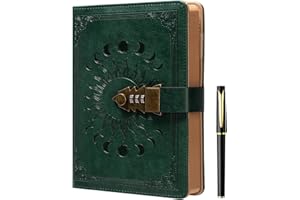 ZXHQ Journal Intime avec Code 21 x 15,5 cm – 224 pages, Carnet Secret pour Adulte, Fille ou Garçon, Couverture en cuir PU, Bords Vintage, Design en relief Soleil et Lune-Vert Émeraude