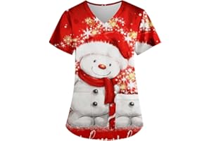 GRACEYO Damen Weihnachten Motiv Bunt Pflege Kasack Kurzarm V-Neck Krankenhaus Schlupfhemd Berufsbekleidung Atmungsaktiv Krankenpfleger Kasack Pflege Bluse Arzt Uniform Krankenschwester Kleidung Mit Taschen