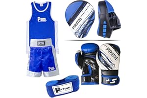 PRIME LEATHER Prime Sports Shop Ultimate Kids Boxing Set 4PCS Student Uniform Blue Top/Short 3-14 Years + Focus Pad 1106 Blue Kids Boxing Gloves 1012 Blue 6-OZ + Wrist Wrap Set-14