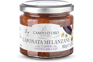 CAMPO D'ORO | CAPONATA DI MELANZANE 180 GR. Ricetta siciliana per antipasto squisito, contorno o piatto unico con Melanzane, Pomodoro, Cipolla, Sedano, Olive e Capperi. 100% Made in Italy