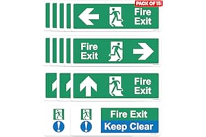 RDLCAR Safety Fire Exit Arrow Signs Pack of 15 Includes Left Right Up Arrows and Fire Exit Keep Clear Signs Self Adhesive 300mm x 100mm Door Mount Signage