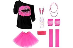 Aomig Disfraz Años 80 Mujer Neón, Juego de 5pcs Ropa Años 80 Disfraz con Camiseta con Estampado de Labios, Guantes de Rejilla, Collar, Pulsera y Gafa para Fiesta Temática de 80