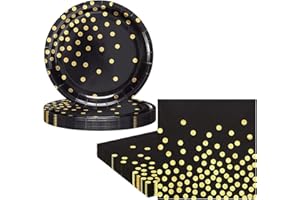 RONGZUBAT 20Pcs Black Gold Paper Plates and Napkins Party Tableware Set,Scalloped Dot Birthday Paper Dessert Cake Plates Serviettes Disposable Tableware Set for Her Him Girls Women Baby Shower Table Decor