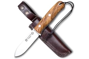 Joker Cuchillo de Caza Deportivo Trampero CO113, Mango de Madera de Olivo, Hoja de 10 cm, Funda Piel marrón, Herramienta de Pesca, Caza, Camping y Senderismo