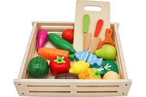 Mamabrum Set di Verdure da Taglio in Legno con Contenitore, Cesto di Frutta e Verdura, Giocattolo Educativo per Bambini, Accessori da Cucina Colorati