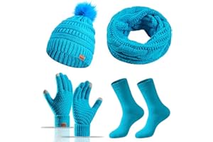BAYNETIN Wintermütze Touchscreen Handschuhe Schal Socken 4 Stück Damen Winter Ski Set,Weiches Fleece Innenfutter Tolles Warm,Stretchy Strick Beanie Cap, Elastischer Nackenwärmer,Verdickte Socken