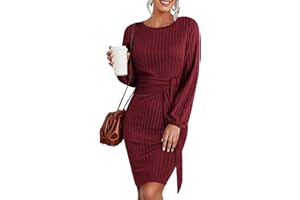 HOTOUCH Knitted Dress Women's Long-Sleeved Casual Dress with Round Neckline Elegant Sweater Dress