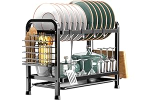 Averrex 2 Tier Dish Drainer Rack with Drip Tray, Dish Drying Rack with Utensils Holder, Durable Stainless Steel Dish Rack for Kitchen Counter, Black