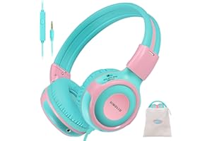 SIMOLIO Cuffie per bambini, con limitatore di volume 75dB / 85dB / 94dB, cuffie pieghevoli per bambini, con microfono e porta di condivisione – Pink&Mint