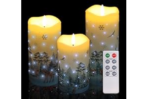 Anstore 3pcs Christmas Fake Candles Battery Powered with Timer,Christmas Flameless Candles with Christmas Tree Elk Pattern,LED Candle Lights Remote Control for Xmas Holiday Decor-D 3”x H 5” 6” 7”