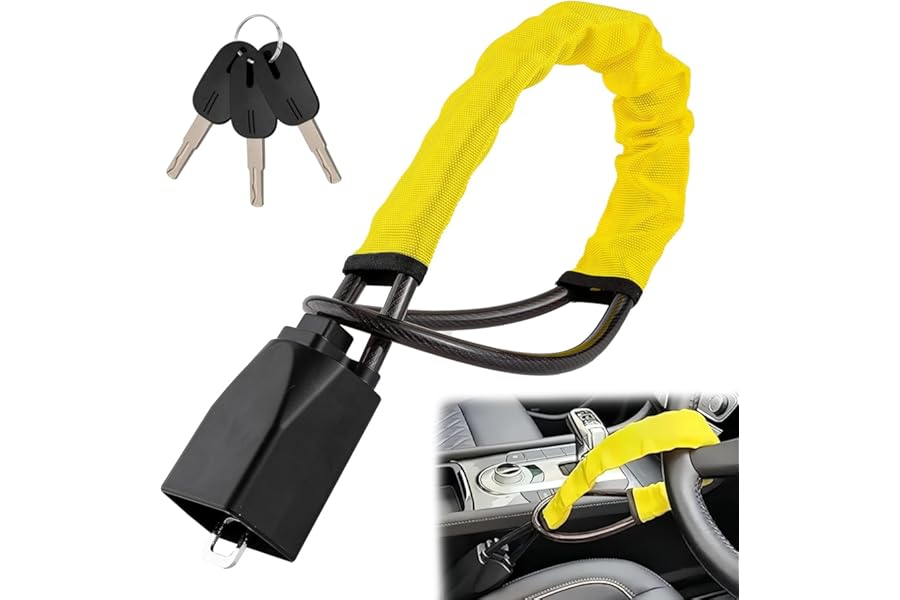 OHVBAEON Steering Wheel Lock,Car Steering Wheel to Seat Belt Locks,Heavy Duty Universal Steering Locks High Visibility Car Lock Anti-Theft Device,3Keys (Yellow)