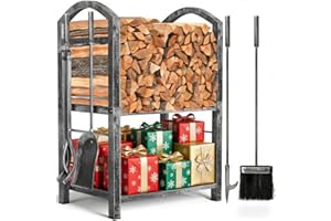 AMAGABELI GARDEN & HOME Amagabeli Estante para Leña de Chimenea con 4 Herramientas - 70x40x30cm Soporte para Estufa de Leña - Conjunto Plata Antigua