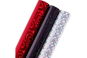 Holijolly Papier d'emballage en aluminium holographique - Mini rouleau - Étoile noire/Cœur rouge/Glace craquelée argentée pour Noël, vacances, mariage, anniversaire - 43,2 x 305 cm - 3 rouleaux