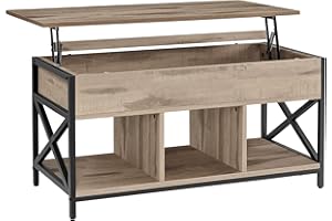 VASAGLE Mesa de Centro con Tablero Elevable, Mesa de Café, Compartimento Oculto y Compartimentos Abiertos, Marco de Acero, 50 x 100 x (46,5-62) cm, Marrón Camello y Negro LCT202B50